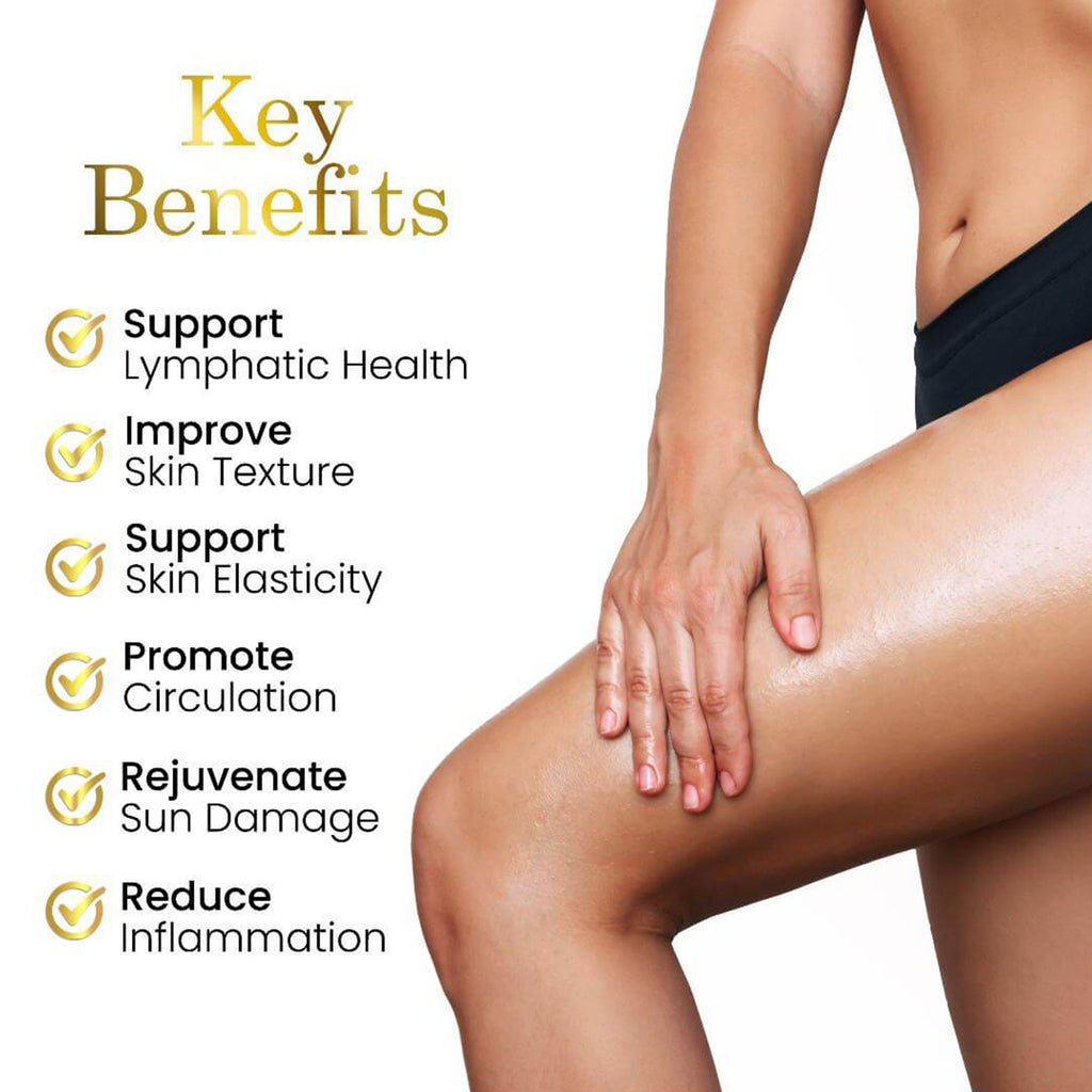 Woman's legs with Luxe Beauty key benefits text on a white background