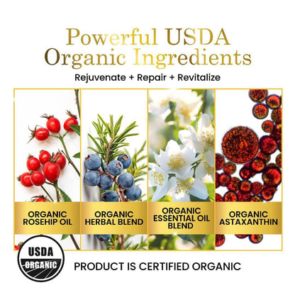 Advertisement for luxo beauty products with USDA Organic certification, featuring organic ingredients like rosehip oil, herbal blend, essential oil blend, and astaxanthin.