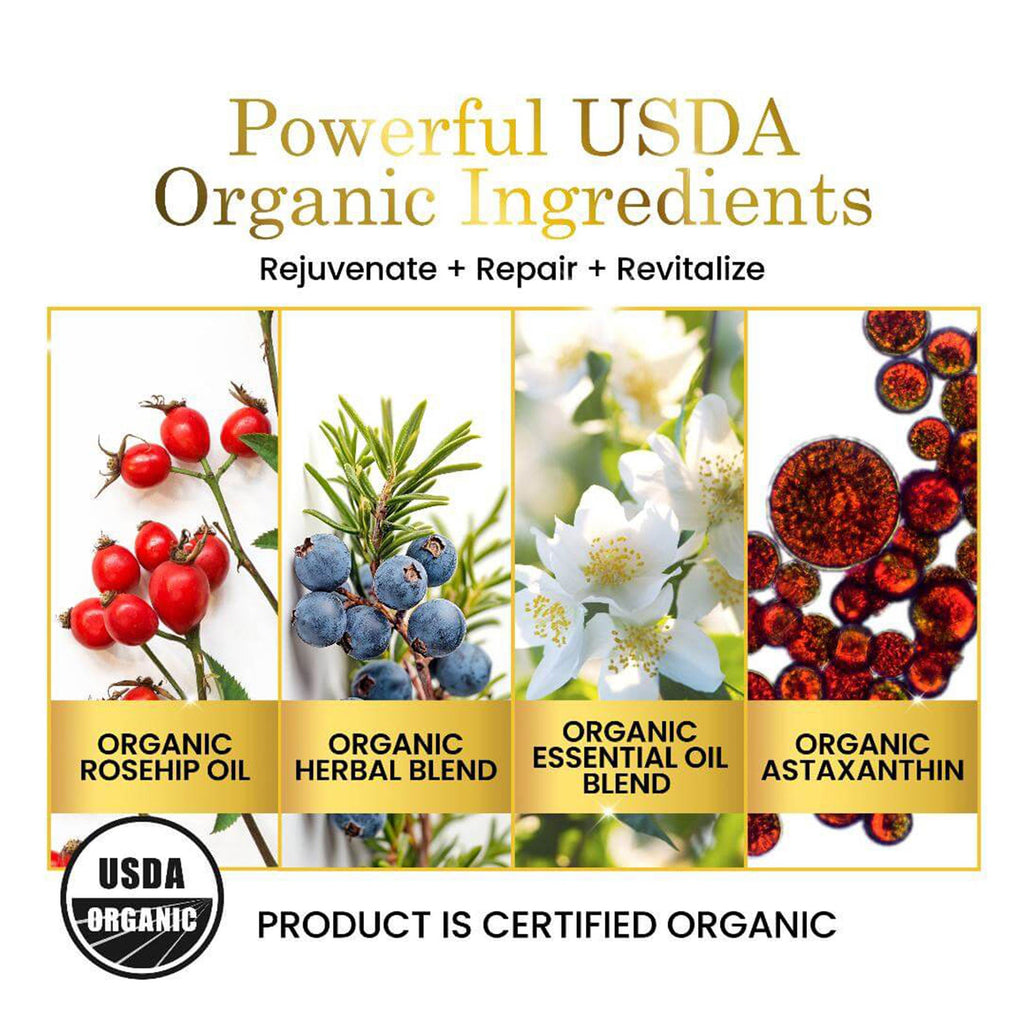 Advertisement for luxo beauty products with USDA Organic certification, featuring organic ingredients like rosehip oil, herbal blend, essential oil blend, and astaxanthin.