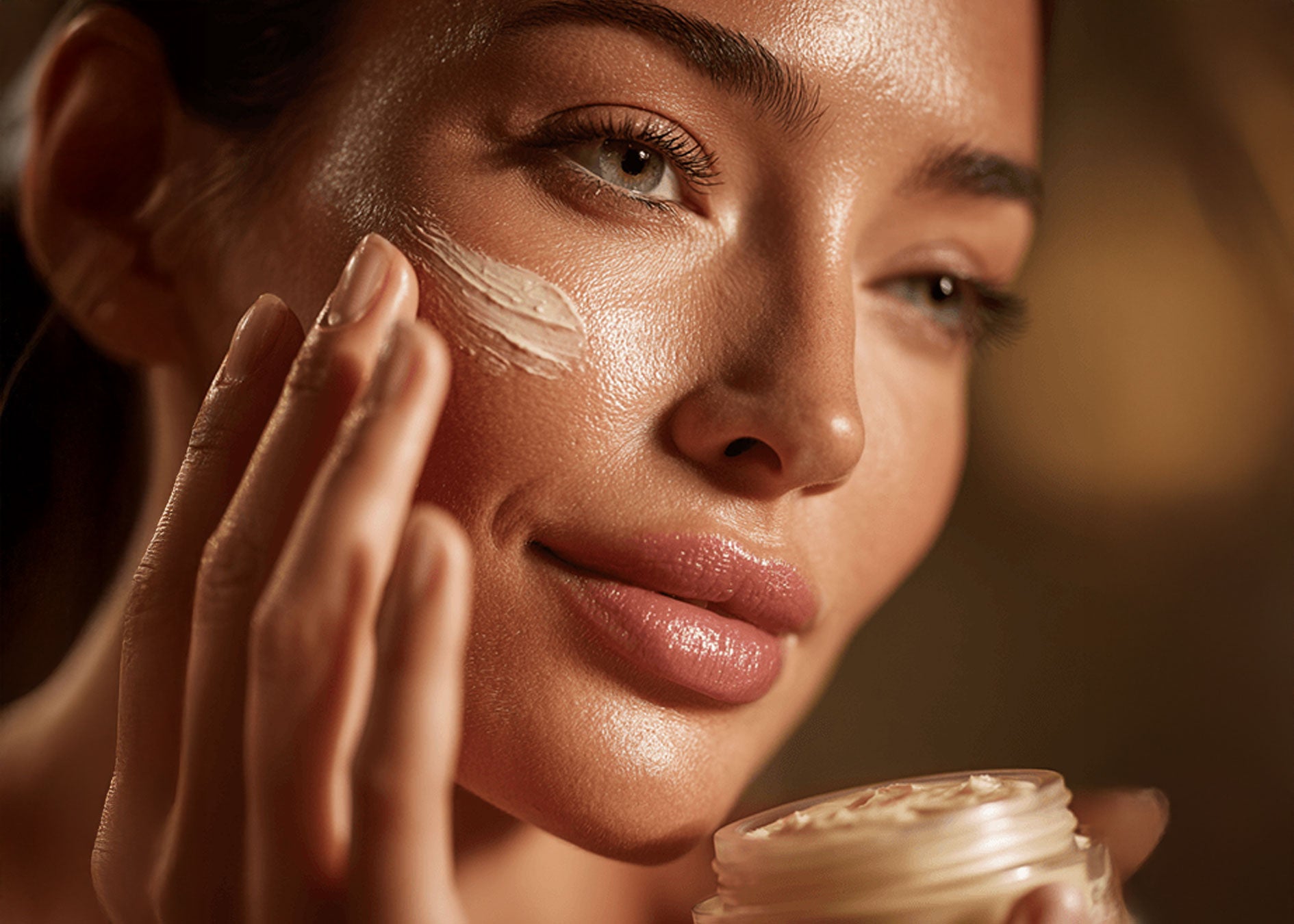 Woman applying Luxe Beauty Night Cream to her face with a blurred background