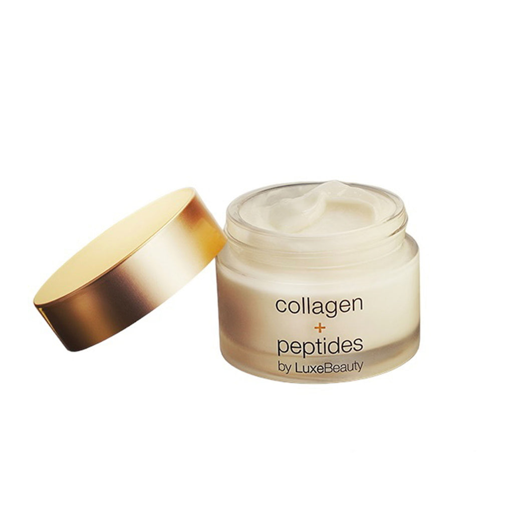 Skincare jar labeled 'collagen + peptides by Luxe Beauty on a white background