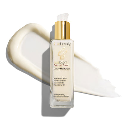 Luxe Beauty Face Moisturizer - Coconut Scent skincare bottle with gold cap on a white background