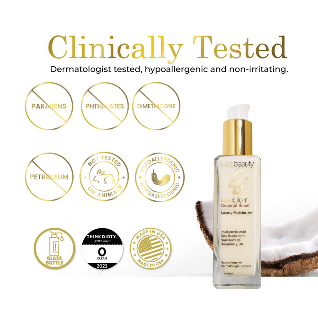 Luxe Beauty Face Moisturizer Coconut Scent beauty lotion bottle with clinical testing and ingredient information on a white background