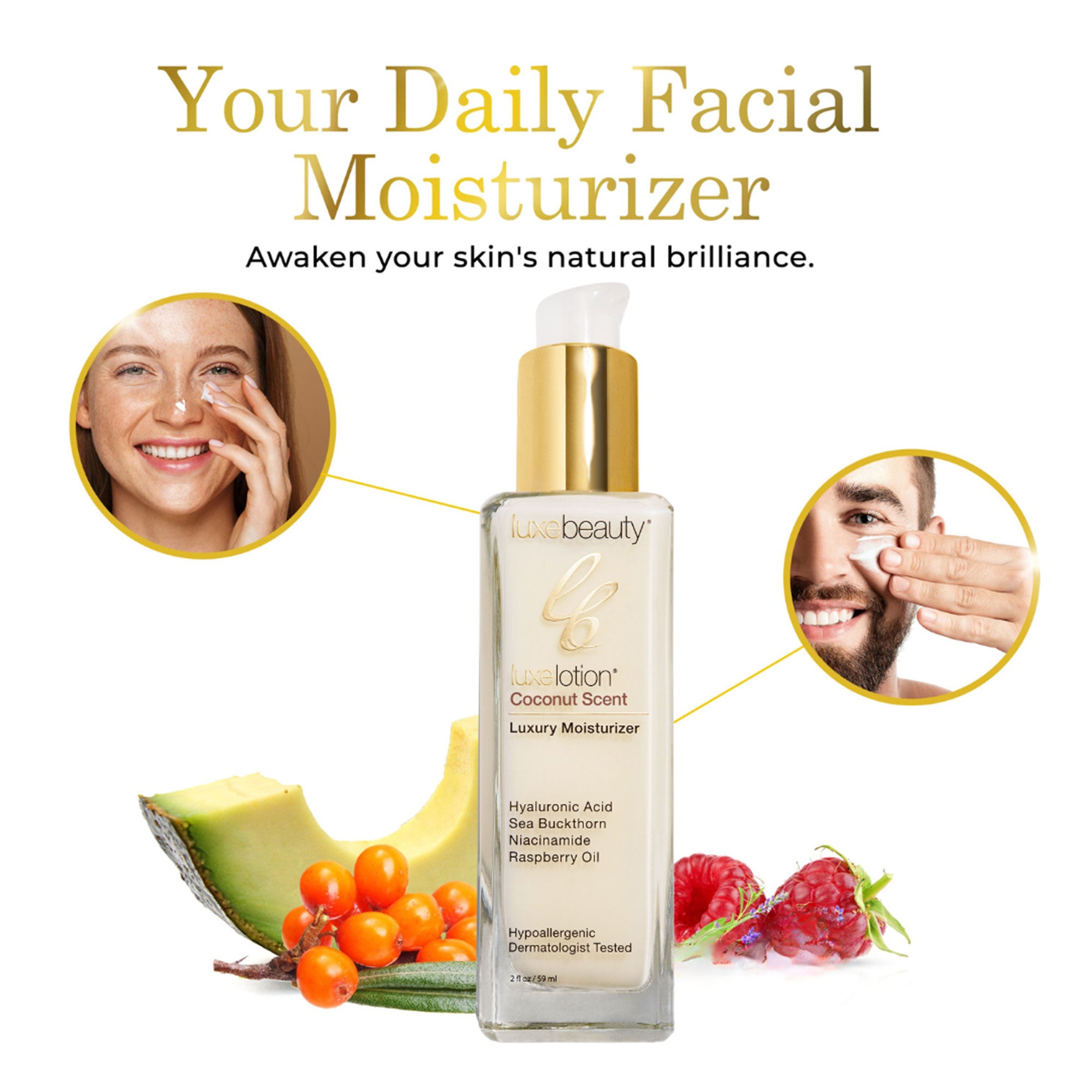 Luxe Beauty Face Moisturizer Coconut Scent bottle with images of people using it and natural ingredients on a white background.