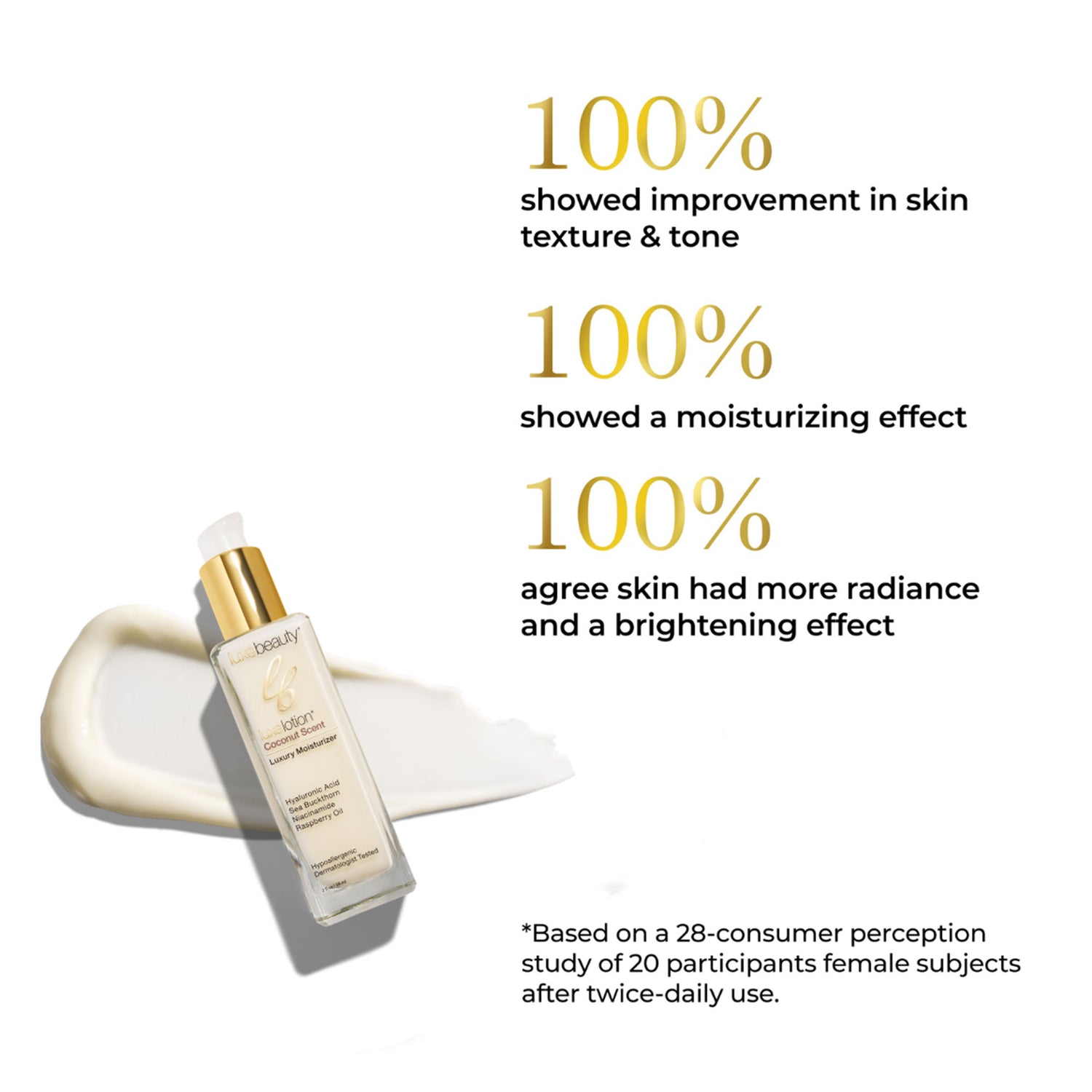 Luxe Beauty Face Moisturizer Coconut Scent product with text highlighting skin improvement effects on a white background