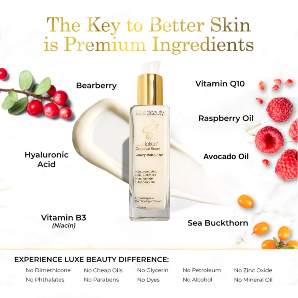 Luxe Beauty Face Moisturizer Coconut Scent bottle with skincare ingredients displayed on a white background
