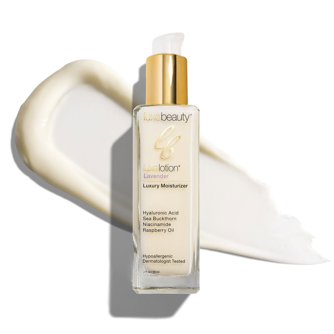Luxe Beauty luxury face moisturizer lavender bottle with a white background