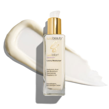 Luxe Beauty luxury face moisturizer lavender bottle with a white background
