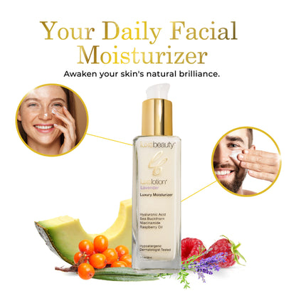Luxe Beauty luxury face moisturizer lavender bottle with ingredients and people using the product on a white background