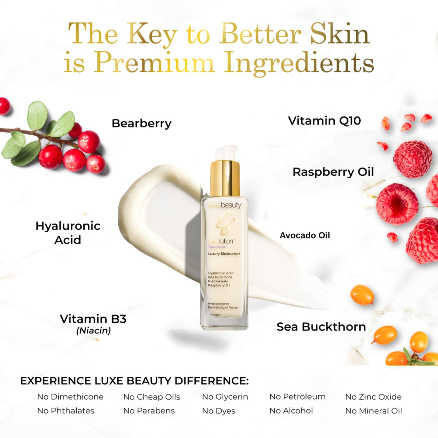 Luxe Beauty luxury face moisturizer lavender product with ingredients listed on a white background