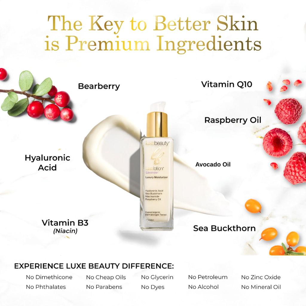 Luxe Beauty luxury face moisturizer lavender product with ingredients listed on a white background
