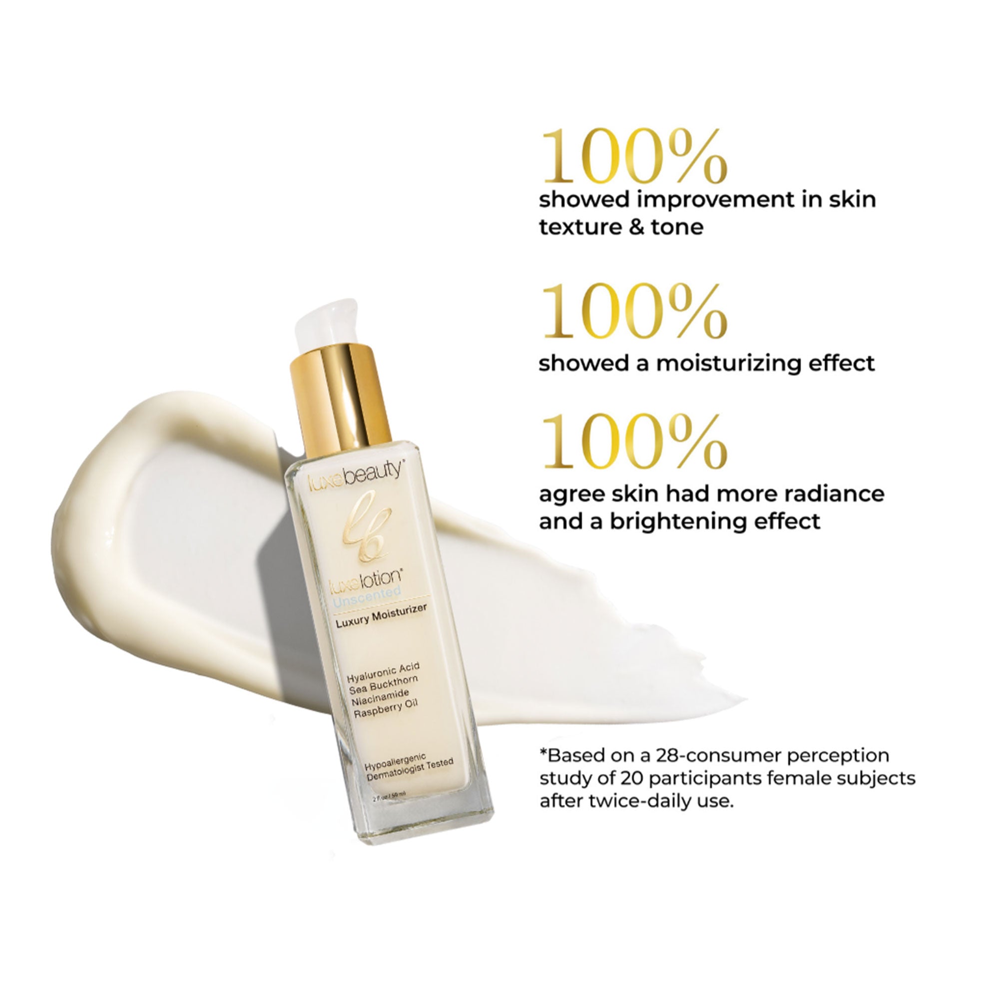 Luxe Beauty Face Moisturizer bottle with text highlighting skin improvement effects on a white background