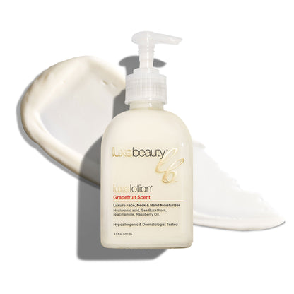 Luxe Beauty Face, Neck &amp; Hand Moisturizer Grapefruit Scent bottle with pump on a white background