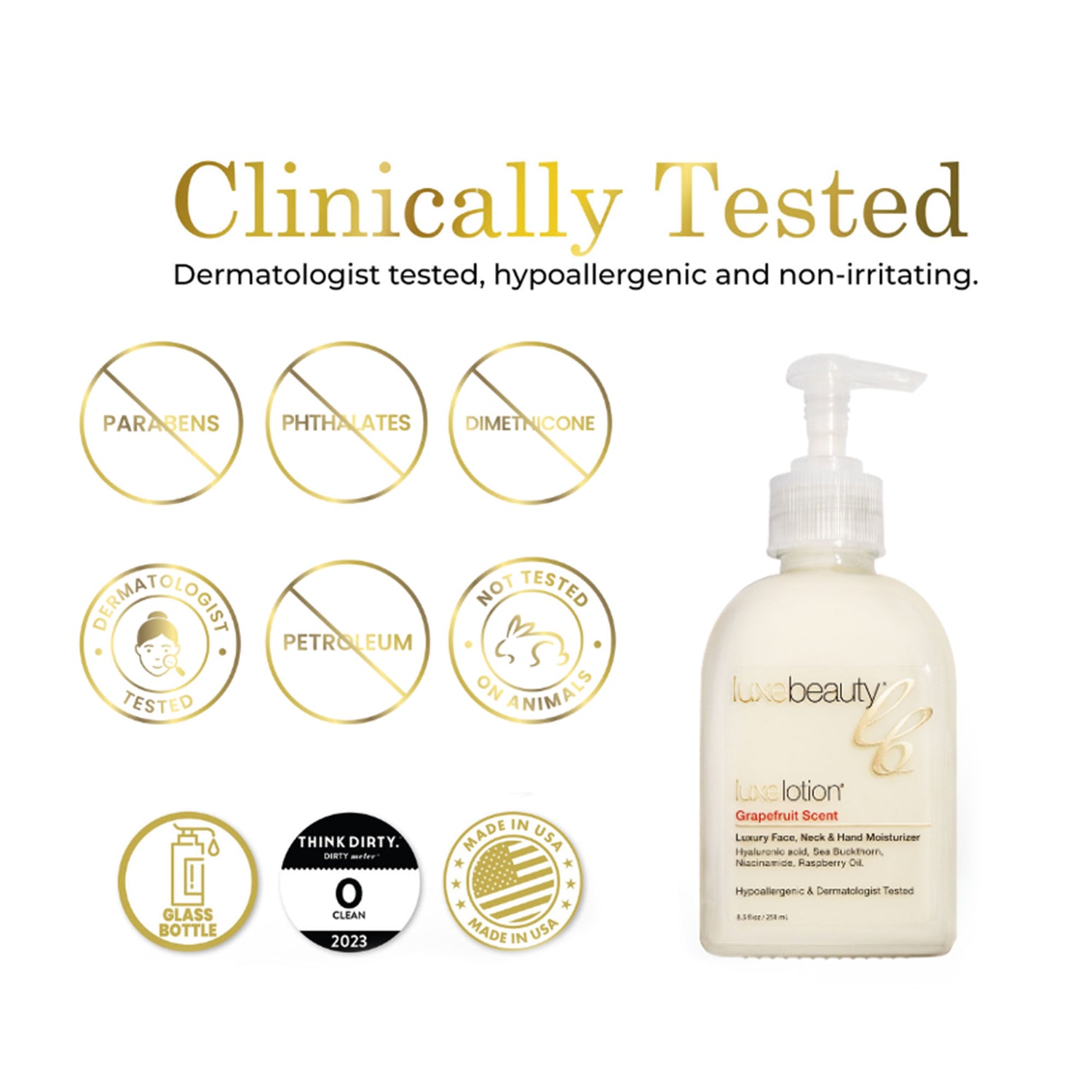 Luxe Beauty Face, Neck &amp; Hand Moisturizer Grapefruit Scent bottle with clinical testing icons and &
