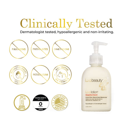 Luxe Beauty Face, Neck &amp; Hand Moisturizer Grapefruit Scent bottle with clinical testing icons and &
