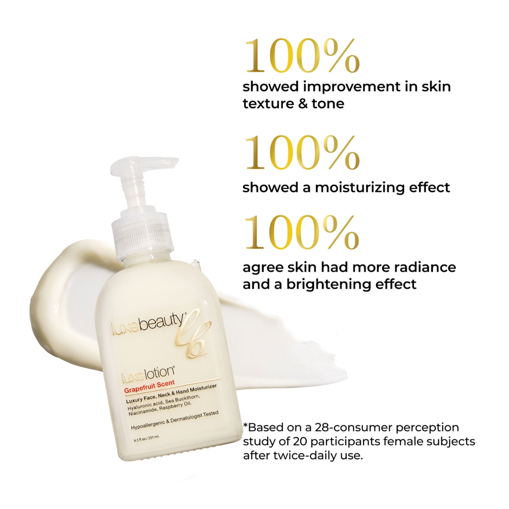 Luxe Beauty Face, Neck &amp; Hand Moisturizer Grapefruit Scent bottle with text about skin improvement and benefits on a white background
