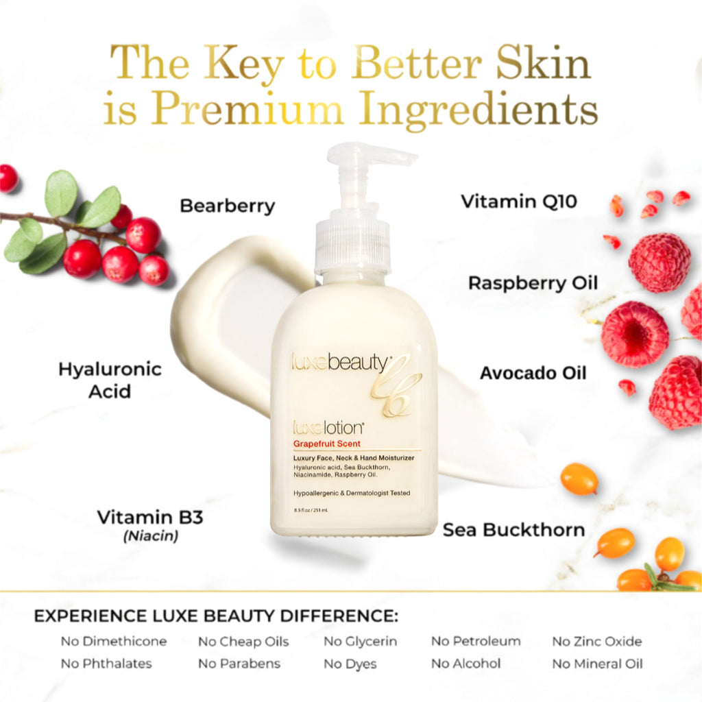 Luxe Beauty Face, Neck & Hand Moisturizer Grapefruit Scent bottle with skincare ingredients displayed around it on a white background