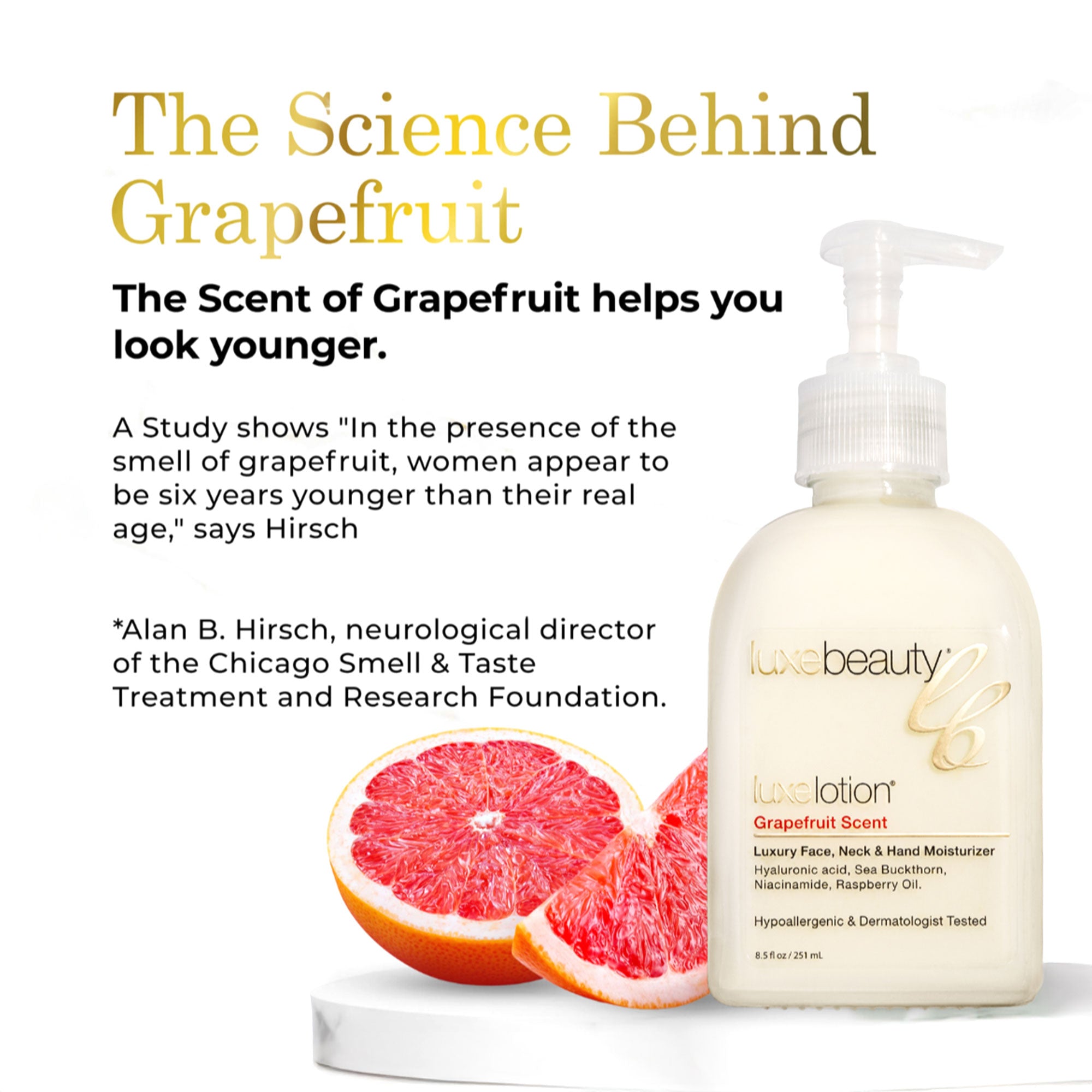 Luxe Beauty Face, Neck &amp; Hand Moisturizer Grapefruit Scent lotion with a grapefruit half on a white background