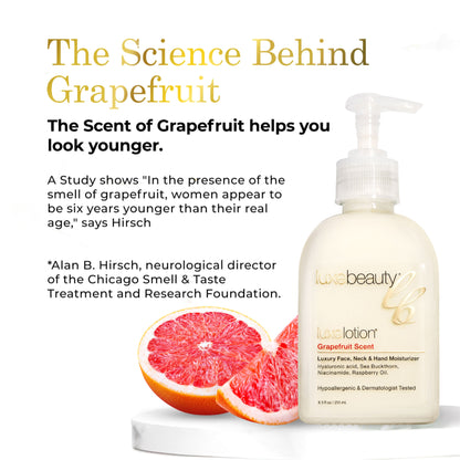 Luxe Beauty Face, Neck &amp; Hand Moisturizer Grapefruit Scent lotion with a grapefruit half on a white background