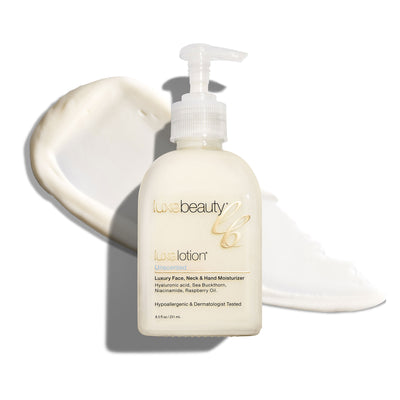 Luxe Beauty Face, Neck & Hand Moisturizer lotion bottle with pump on a white background