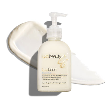 Luxe Beauty Face, Neck &amp; Hand Moisturizer lotion bottle with pump on a white background