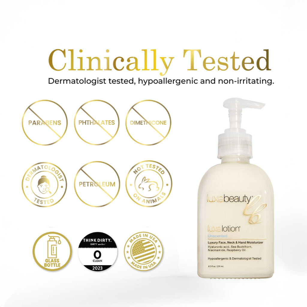 Luxe Beauty Face, Neck & Hand Moisturizer Lotion bottle with clinical testing icons and product name on a white background