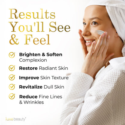 Woman applying Luxe Beauty Face Moisturizer to her face with text highlighting skincare benefits on a white background