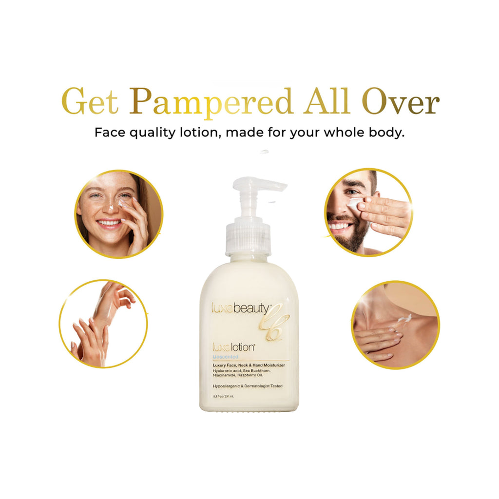 Luxe Beauty Face, Neck & Hand Moisturizer Lotion bottle with 'Get Pampered All Over' text and product usage images on a white background.