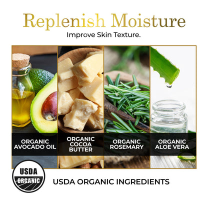 Luxe Beauty Face Moisturizer with USDA Organic ingredients with images of avocado, cocoa butter, rosemary, and aloe vera.