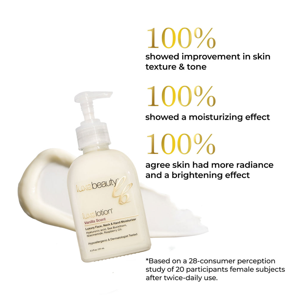 Luxe Beauty Face, Neck & Hand Moisturizer Vanilla Scent bottle with text highlighting skin improvement effects on a white background
