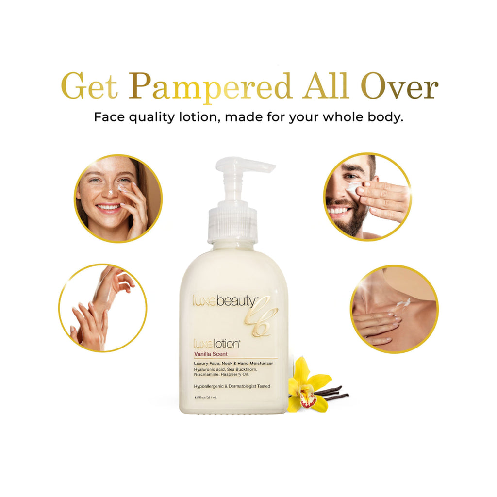 Luxe Beauty Face, Neck & Hand Moisturizer Vanilla Scent bottle on a white background, surrounded by images of people using the product.