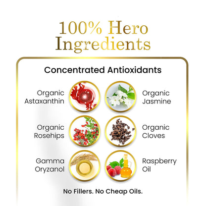 List of concentrated antioxidants with corresponding images and Luxe Beauty branding.