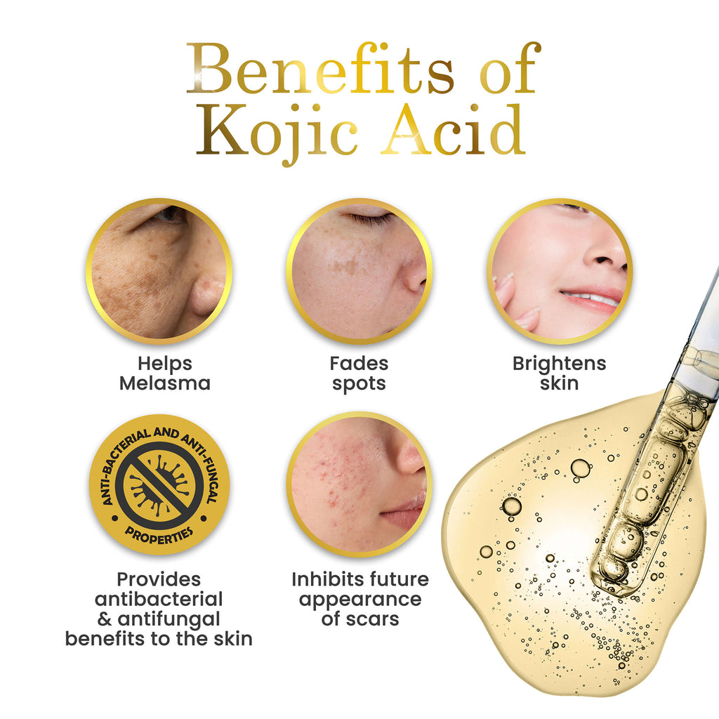 Benefits of Kojic Acid with skin before and after images and a dropper of liquid.