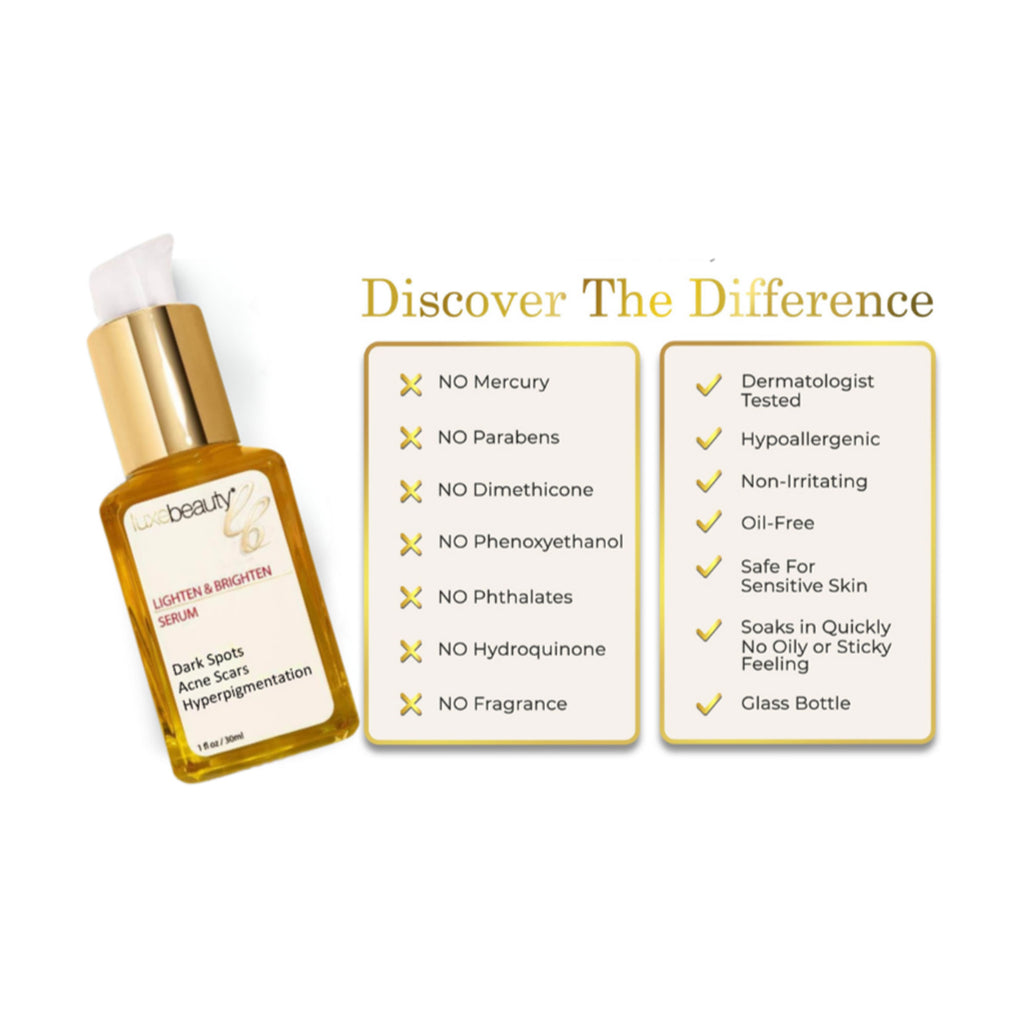 Luxe Beauty Lighten & Brighten Serum  bottle with safety features listed on a white background