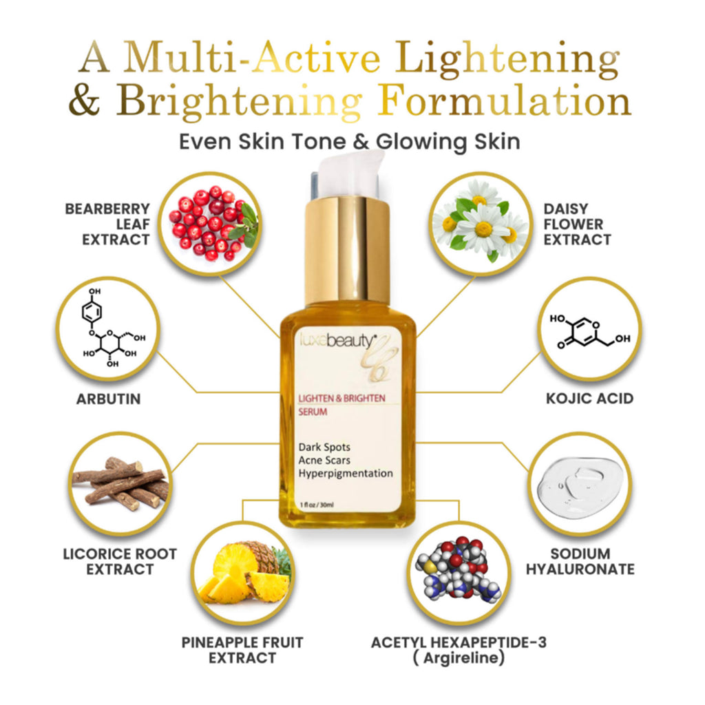 Luxe Beauty Lighten & Brighten Serum  bottle with ingredients for skin lightening and brightening on a white background
