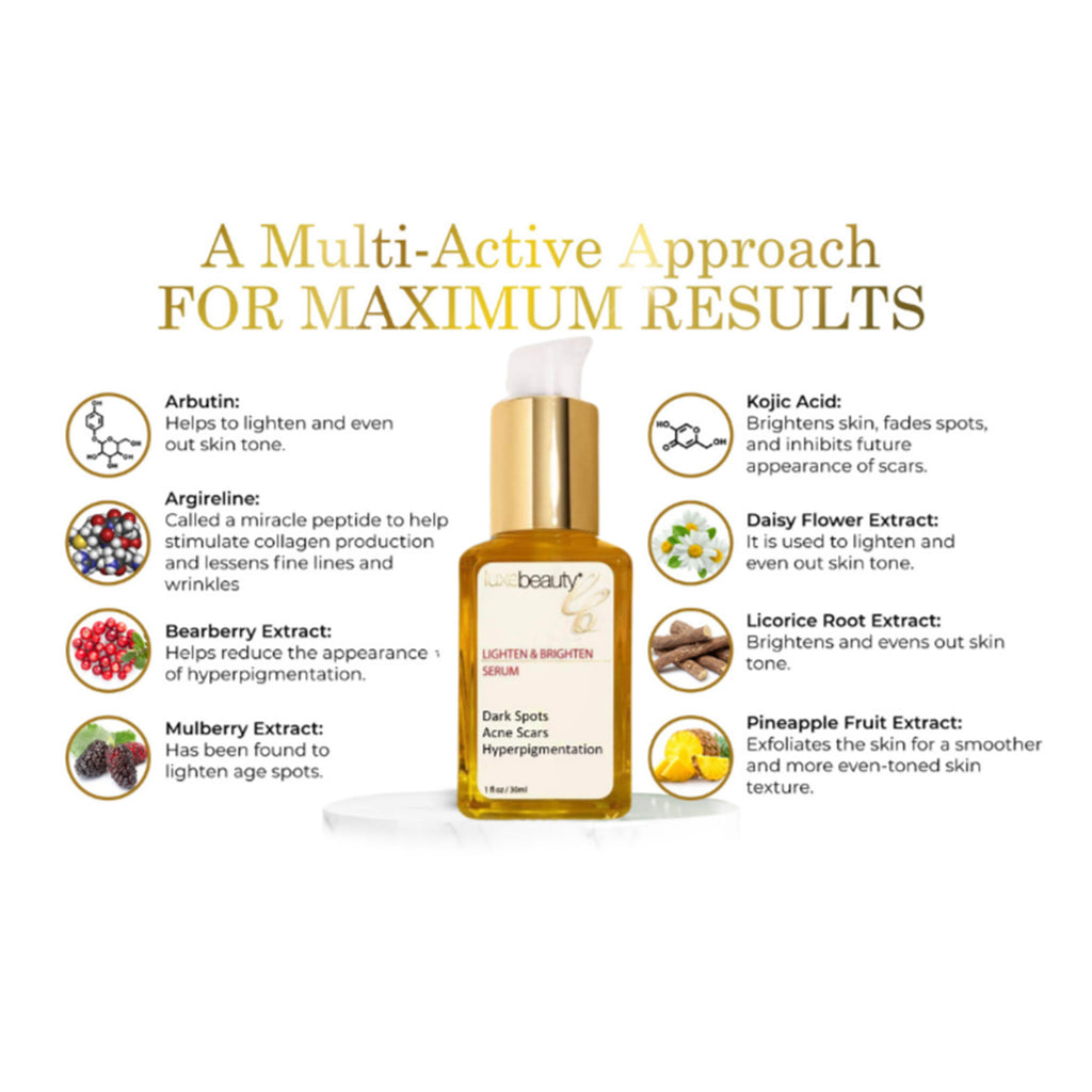 Luxe Beauty Lighten & Brighten Serum bottle with ingredients listed on a white background