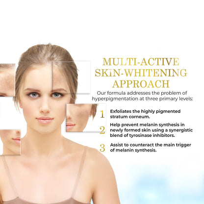 Advertisement for Luxe Beauty Lighten &amp; Brighten Serum with a woman&