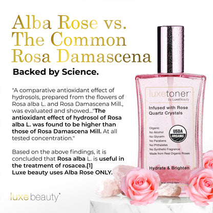 Luxe Beauty Toner bottle with pink flowers and text about Alba Rose and Rosa Damascena.