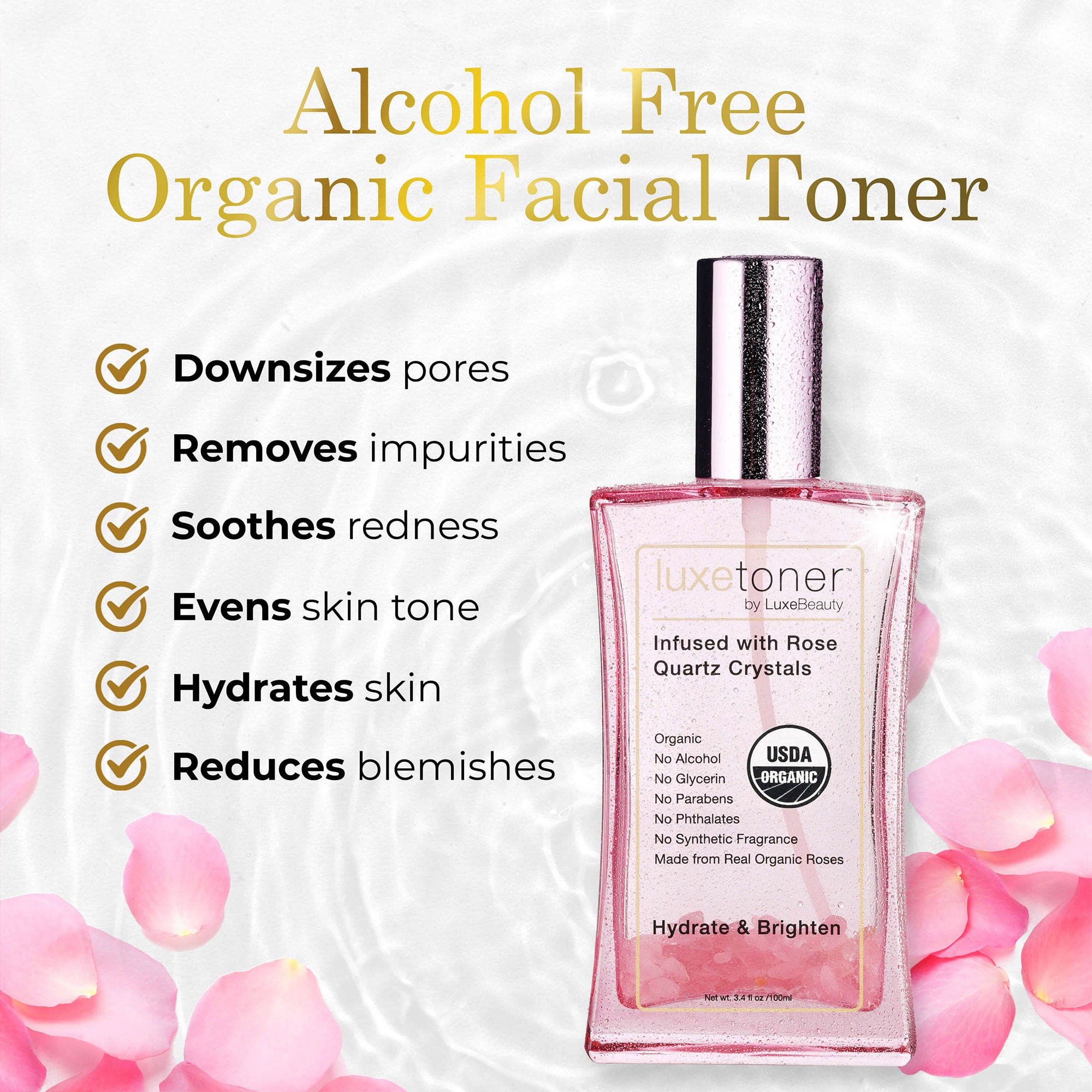 Luxe Toner organic facial toner bottle with pink rose petals on a white background