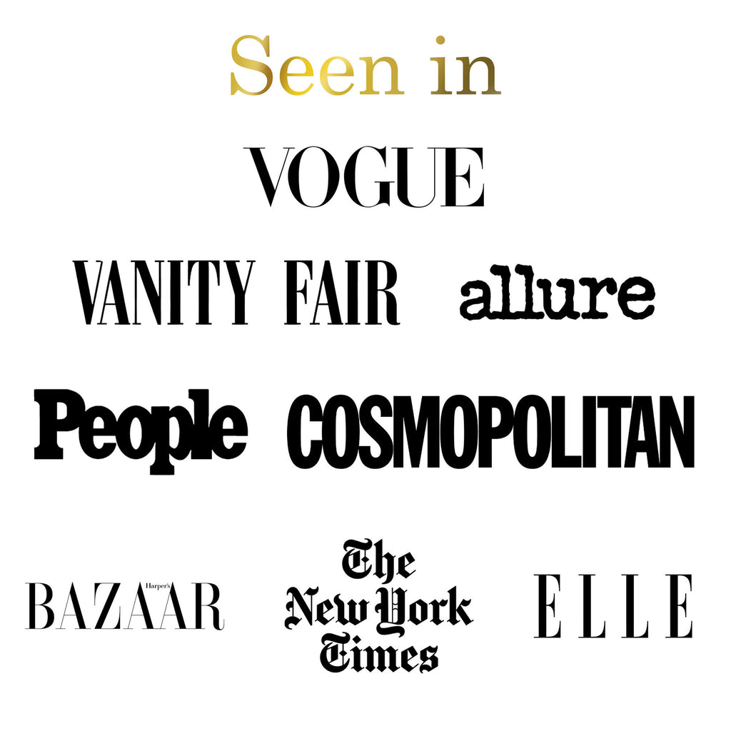 List of magazine names including Vogue, Vanity Fair, Allure, People, Cosmopolitan, Harper's Bazaar, The New York Times, and Elle on a white background.
