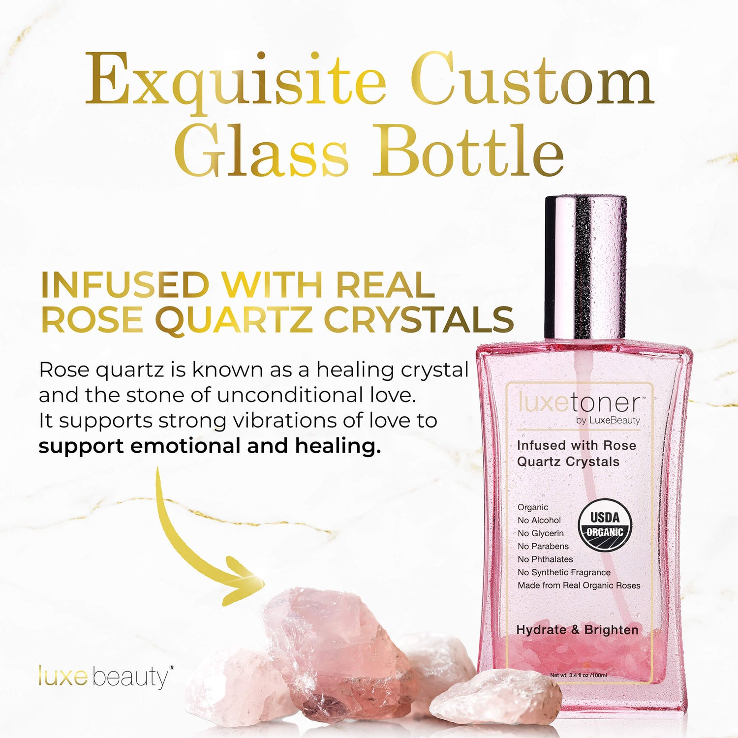 Pink glass bottle with rose quartz crystals and text about its properties on a white background