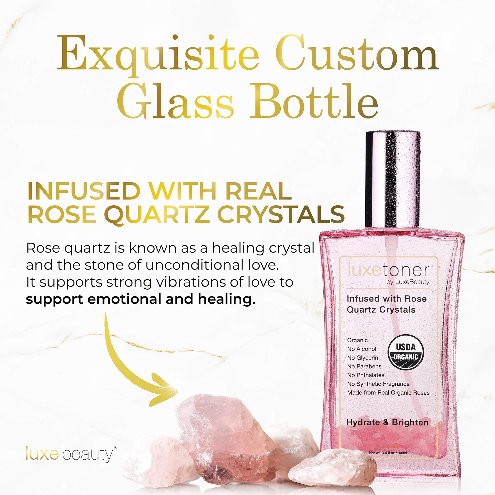 Pink glass bottle with rose quartz crystals and text about its properties on a white background