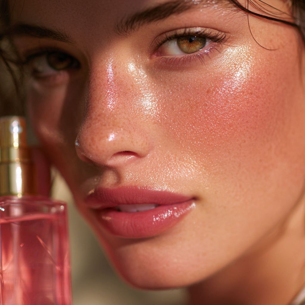 Close-up of a woman's face with a pink perfume bottle in the foreground