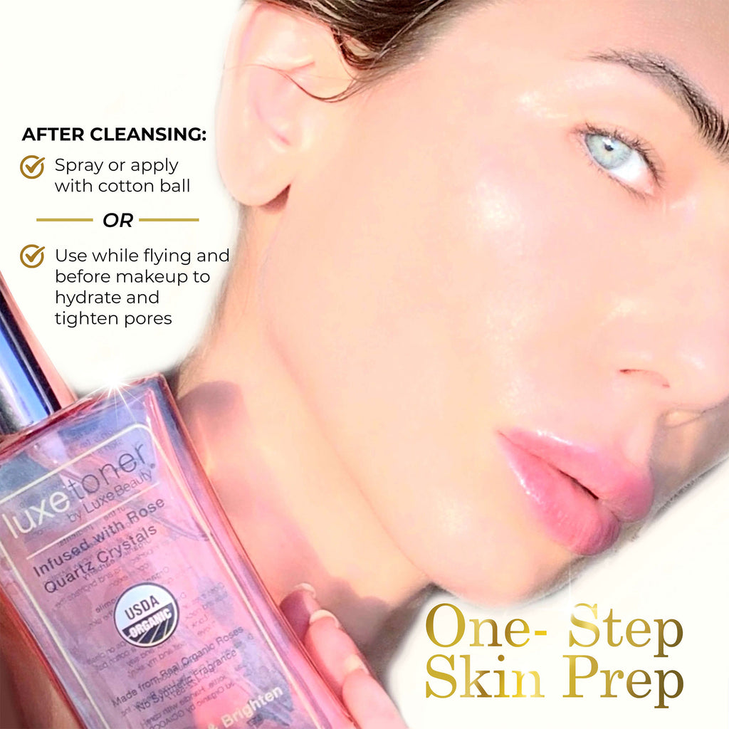 Luxe Toner bottle with Jane May Graves in the background, promoting 'One-Step Skin Prep'.