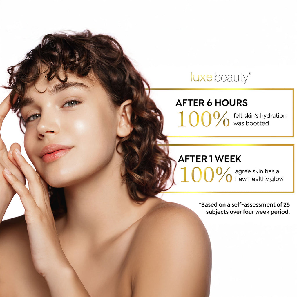 Woman with hydrated skin showing Luxe Beauty Ultimate 4-in-1 Vegan Skin Cleanser product effects