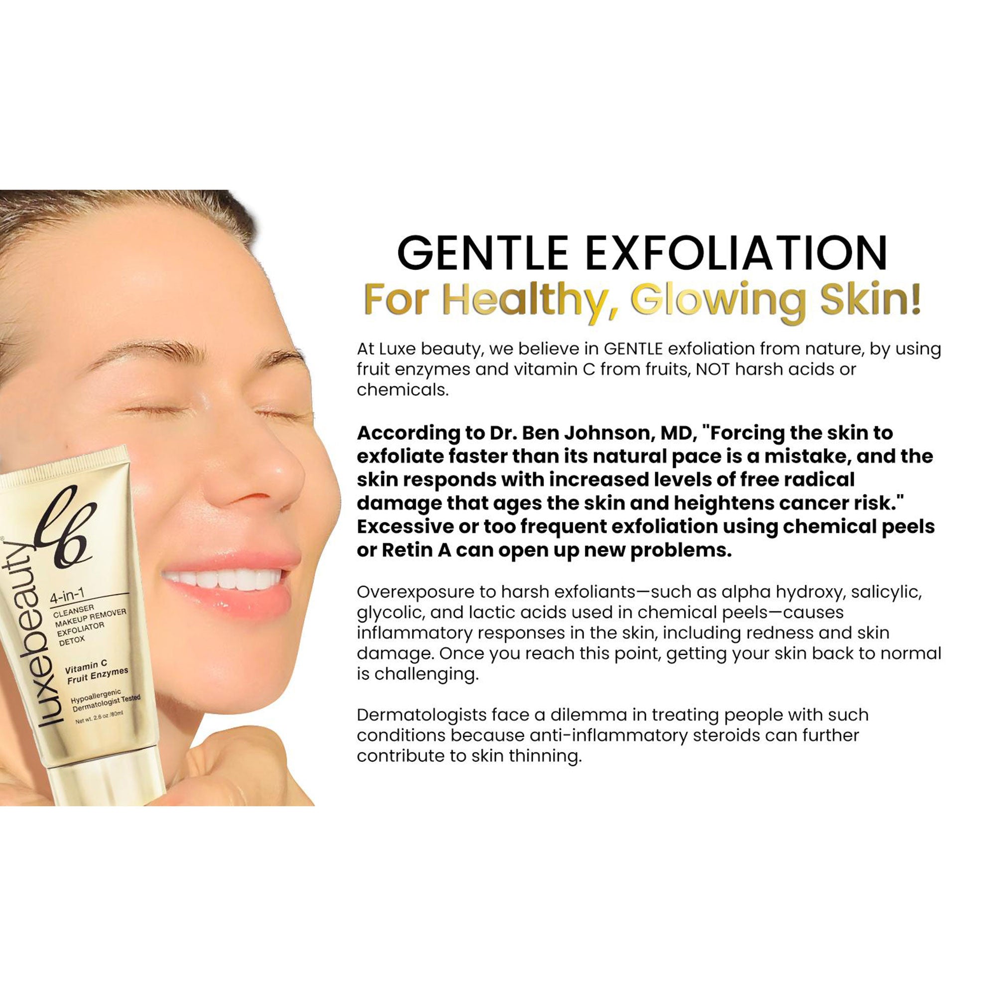 Advertisement for Luxe beauty product with text about gentle exfoliation for healthy skin.