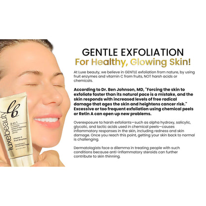 Advertisement for Luxe beauty product with text about gentle exfoliation for healthy skin.