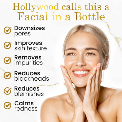 Woman with smooth skin and text highlighting benefits of Luxe Beauty Ultimate 4-in-1 Vegan Skin Cleanser