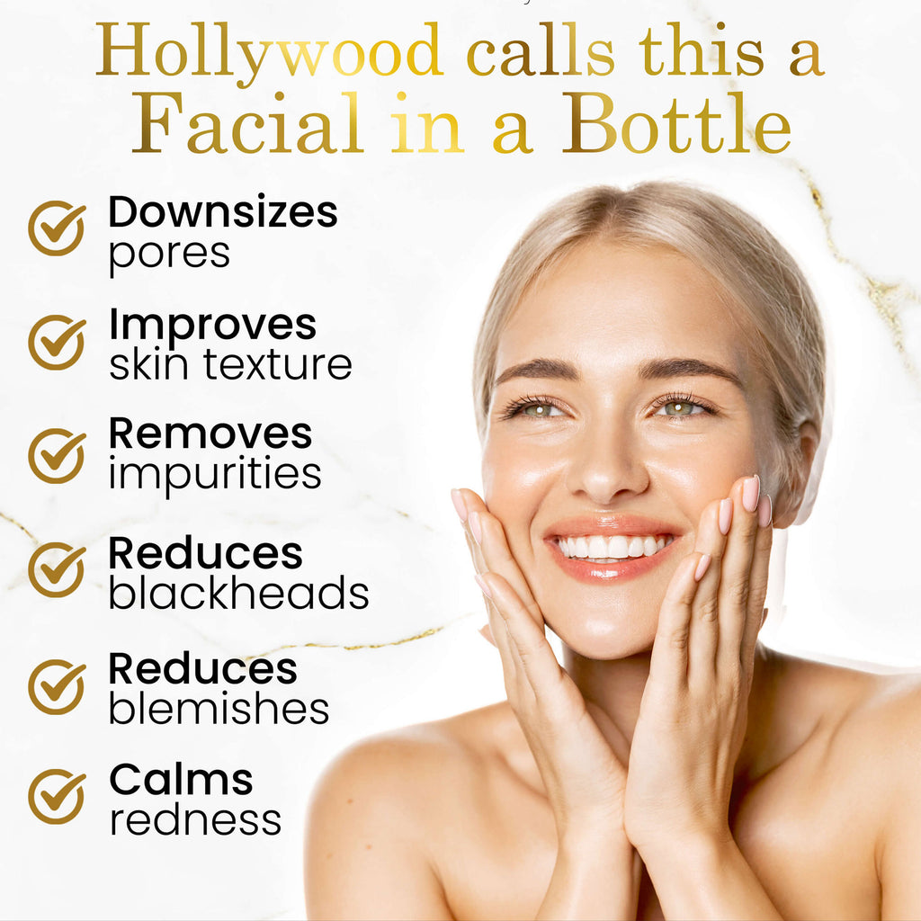 Woman with smooth skin and text highlighting benefits of Luxe Beauty Ultimate 4-in-1 Vegan Skin Cleanser