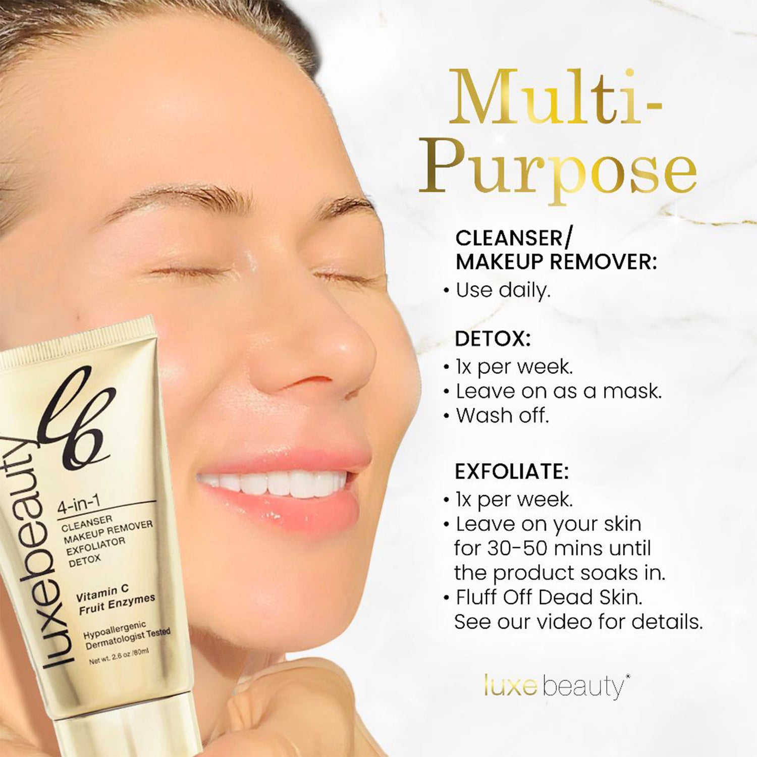 Luxe Beauty product with usage instructions on a white background